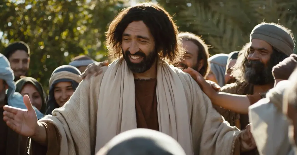 man is crowded by people while dressed in biblical era clothing