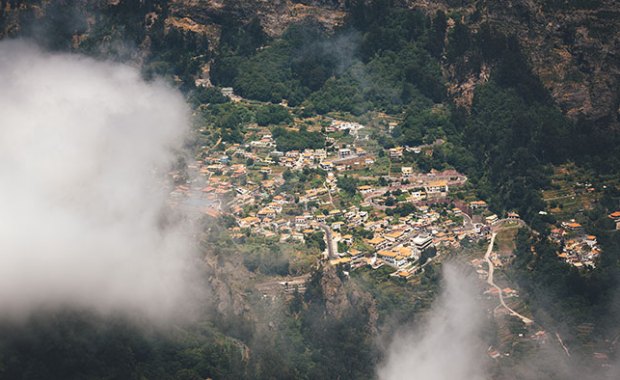 Aerial photo of town on mountaintop
