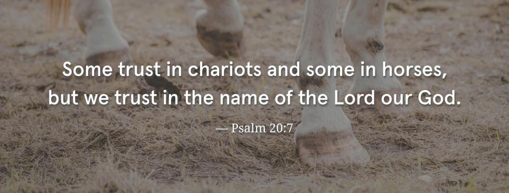 Image of a horse's feet walking through a field. Psalm 20:7 overlaid. Bible verses about trusting God get us through each day.