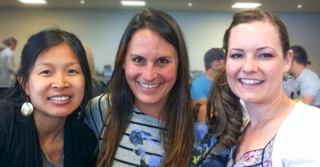 The author Connie Thomson with two friends after an evangelistic preaching outreach on campus