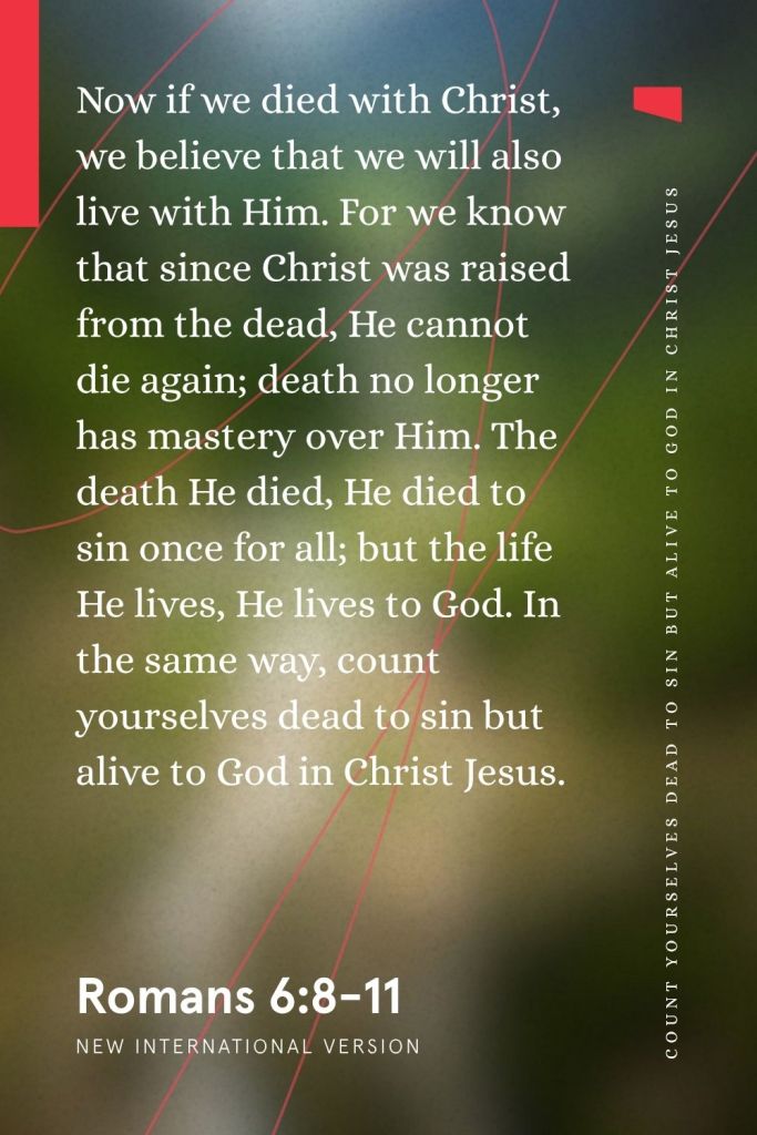 “Now if we died with Christ, we believe that we will also live with Him. For we know that since Christ was raised from the dead, He cannot die again; death no longer has mastery over Him. The death He died, He died to sin once for all; but the life He lives, He lives to God. In the same way, count yourselves dead to sin but alive to God in Christ Jesus.”
— Romans 6:8-11, NIV