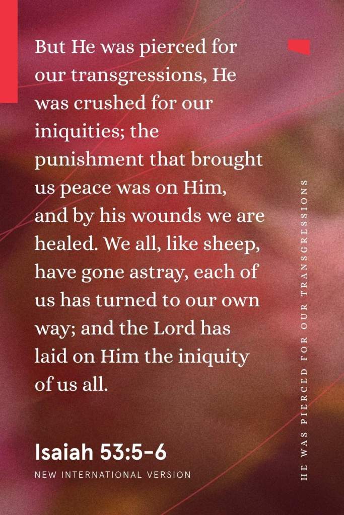 “But He was pierced for our transgressions, He was crushed for our iniquities; the punishment that brought us peace was on Him, and by his wounds we are healed. We all, like sheep, have gone astray, each of us has turned to our own way; and the Lord has laid on Him the iniquity of us all.”
— Isaiah 53:5-6, New International Version
